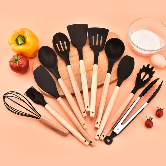 12-Piece Black Heat-Resistant Silicone Cooking Utensils with Wooden Handles and Box - Non-Stick Scratch-Free V888-ELOSUNG45463