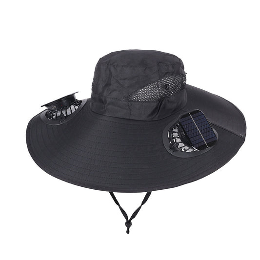 Black Dual Turbo Fan Sun Hat with Square Solar Panel & TypeC Interface - Waterproof 14cm Wide-Brim Cooling V888-ELOSUNG45474