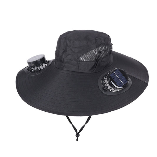 Black Dual Turbo Fan Sun Hat with Round Solar Panel & TypeC Interface - Waterproof 14cm Wide-Brim Cooling Hat V888-ELOSUNG45475