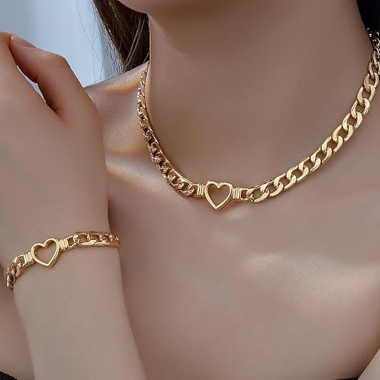 Style 1 Trendy Gold-Plated Heart Necklace & Bracelet Set - Tarnish Free Alloy Cuban Link Jewelry for V888-ELOSUNG45499