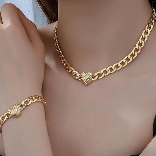 Style 2 Trendy Gold-Plated Heart Necklace & Bracelet Set - Tarnish Free Alloy Cuban Link Jewelry for V888-ELOSUNG45500