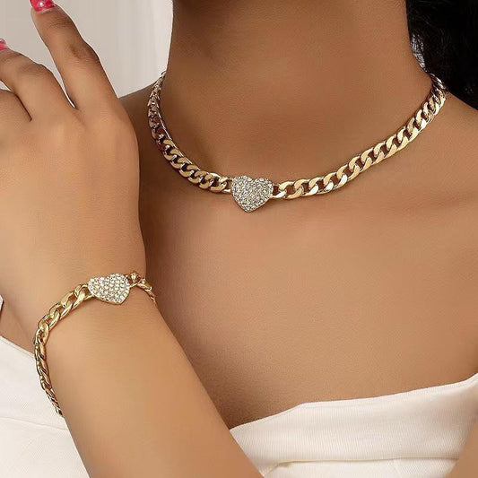Style 3 Trendy Gold-Plated Heart Necklace & Bracelet Set - Tarnish Free Alloy Cuban Link Jewelry for V888-ELOSUNG45501