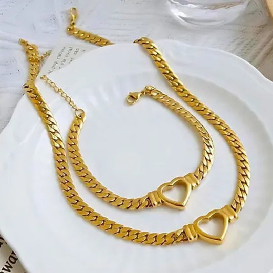Style 5 Trendy Gold-Plated Heart Necklace & Bracelet Set - Tarnish Free Titanium Steel Cuban Link Jewelry for V888-ELOSUNG45503