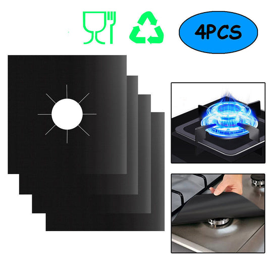 4-Piece Black Reusable Oil-Proof Teflon Stovetop Burner Liners - Cuttable, Non-Stick, Heat-Resistant & V888-ELOSUNG45555