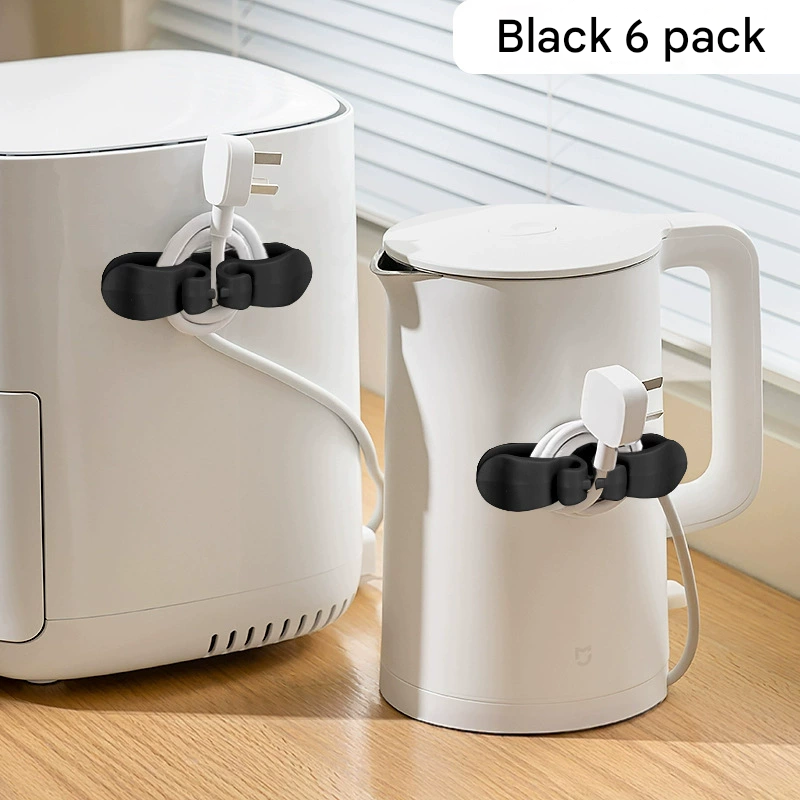 6-Piece Black Flexible Silicone Cord Organizer for Curved & Flat Appliance - Drill-Free Tangle-Free Cable V888-ELOSUNG45558
