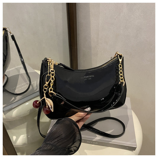 Black Chic Glossy PU Leather Underarm Bag & Crossbody Purse with Cherry Charm - Versatile Handbag for Women V888-ELOSUNG45560