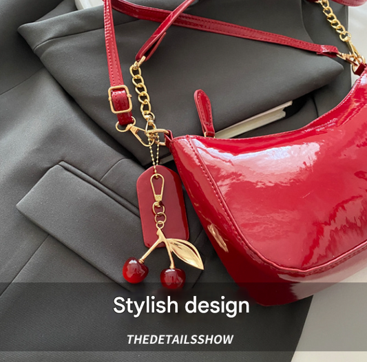 Black Chic Glossy PU Leather Underarm Bag & Crossbody Purse with Cherry Charm - Versatile Handbag for Women V888-ELOSUNG45560