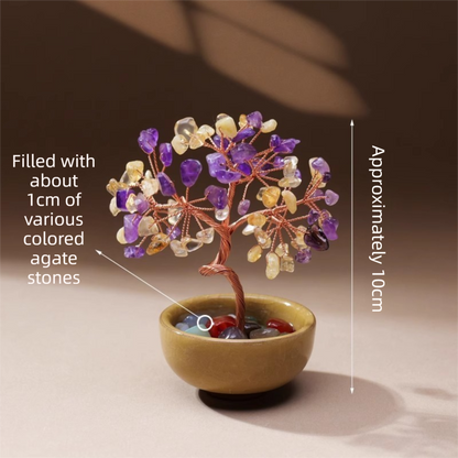 Natural Yellow-Purple Crystal Money Tree with Agate Basin & Adjustable Wire Branches - Desktop Feng Shui V888-ELOSUNG45568
