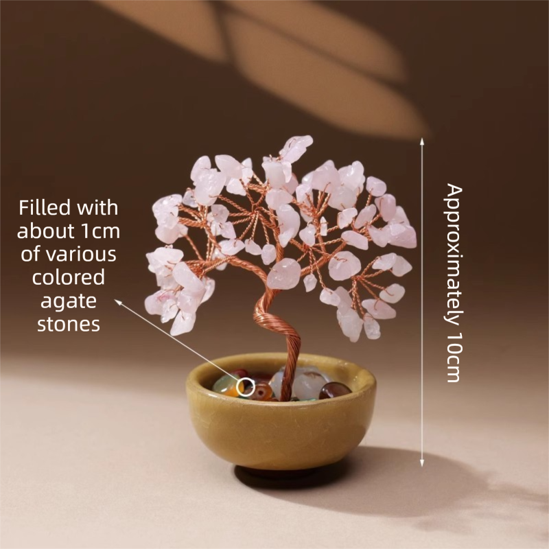 Natural Pink Crystal Money Tree with Agate Basin & Adjustable Wire Branches - Desktop Feng Shui Decor for V888-ELOSUNG45569