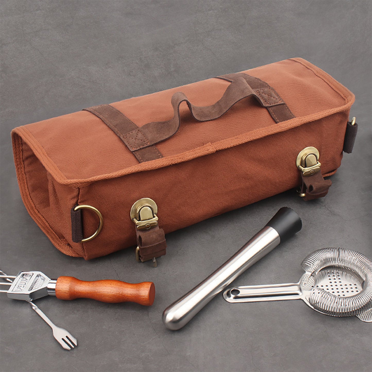 Brown Professional Bartender Kit Travel Bag - Durable Canvas Tool Organizer and Bar Briefcase with Metal V888-ELOSUNG45577