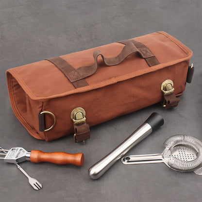 Brown Professional Bartender Kit Travel Bag - Durable Canvas Tool Organizer and Bar Briefcase with Metal V888-ELOSUNG45577