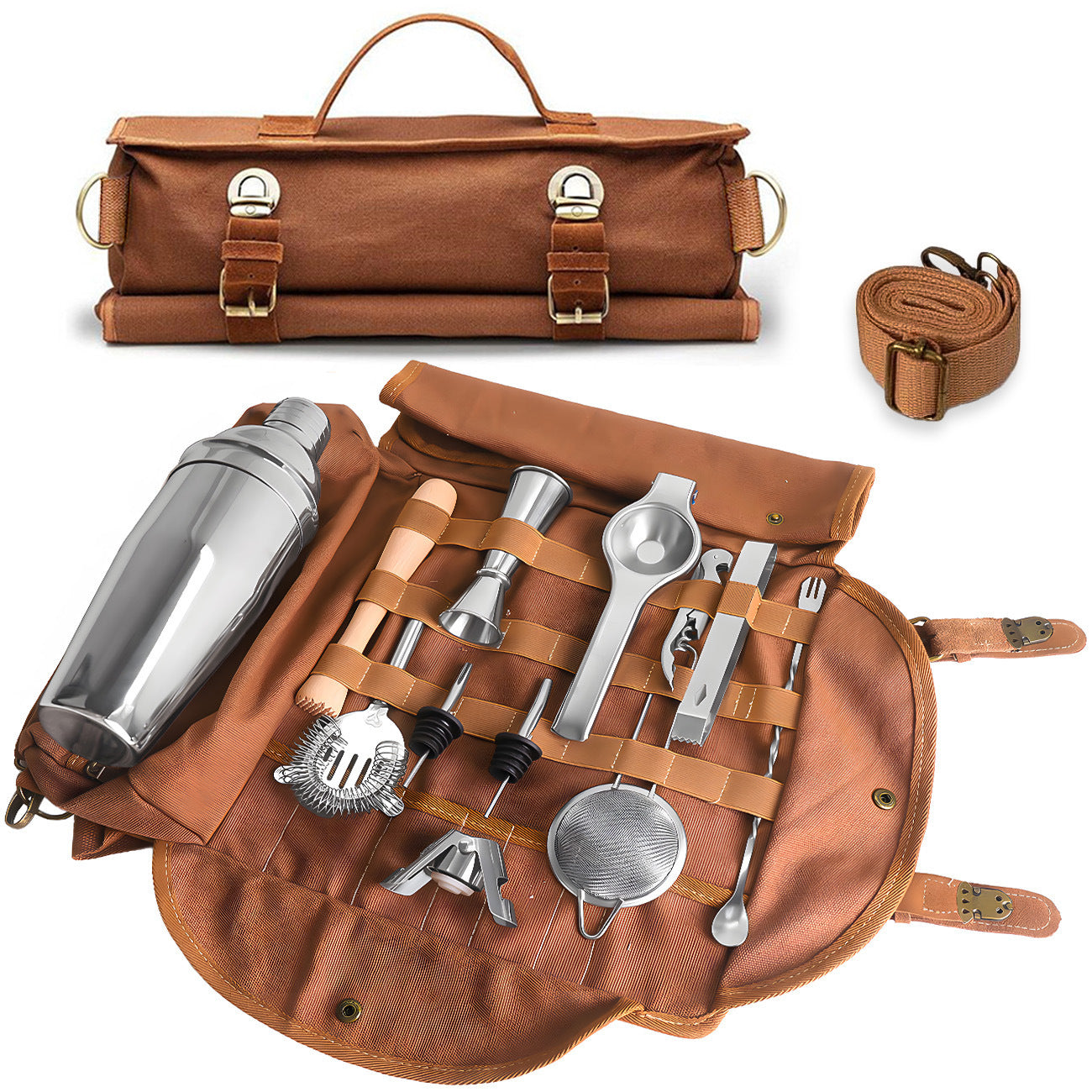 Blue Professional Bartender Kit Travel Bag - Durable Canvas Tool Organizer and Bar Briefcase with Metal V888-ELOSUNG45578