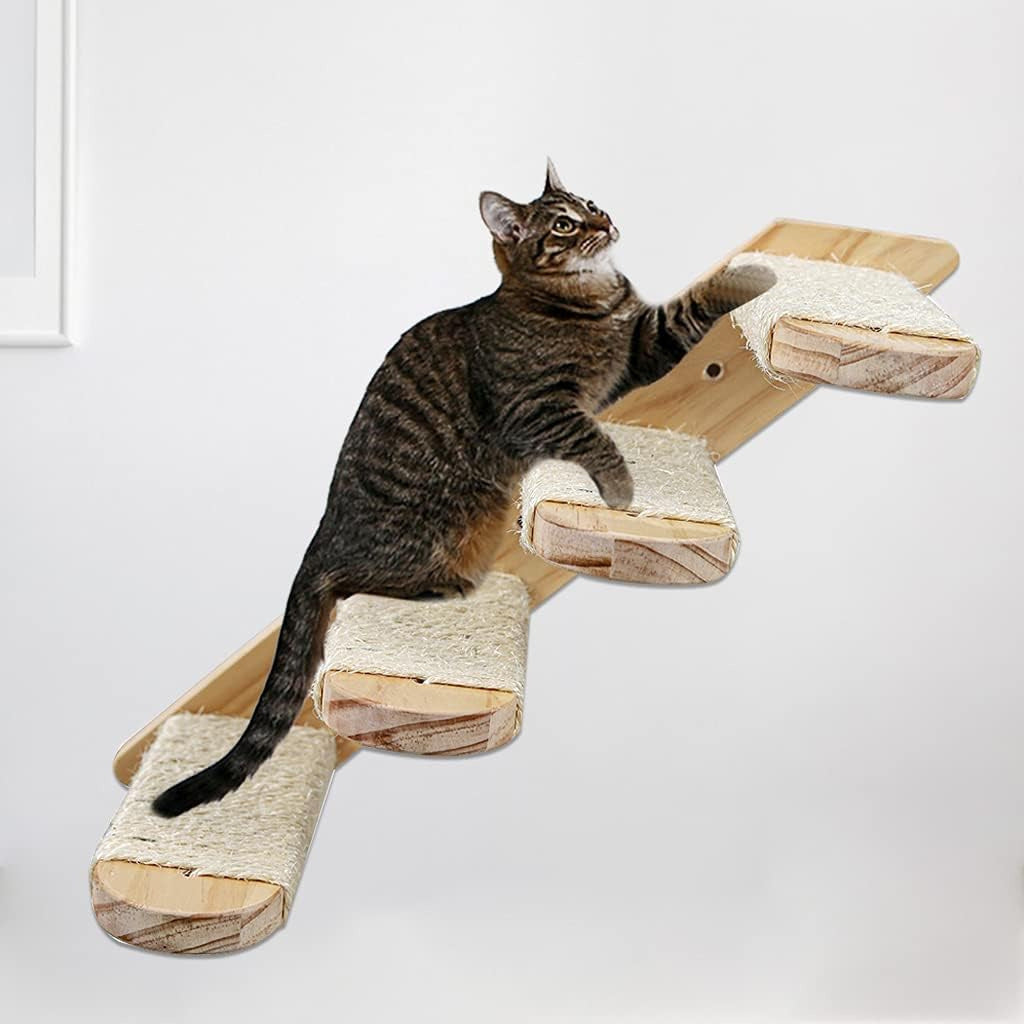 4-Tier Solid Wood Wall-Mounted Cat Climbing Ladder - Vertical Jumping Steps for Indoor Cats with Installation V888-ELOSUNG45581