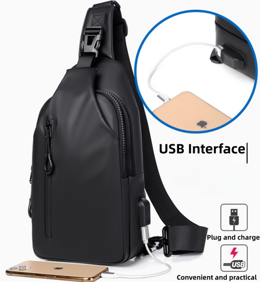 Black Water / Wrinkle-Resistant Nylon Men's Tactical Chest Bag with USB Charging Port - 4 Layer Large V888-ELOSUNG45596