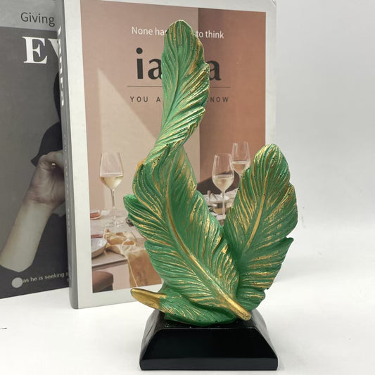 Green Luxury Artistic Resin Dual Feather Sculpture - Elegant Minimalist Home Decor for Entryway Living Room & V888-ELOSUNG45615