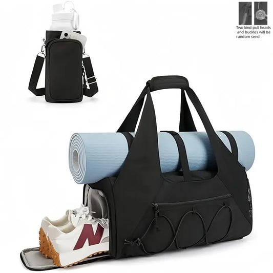 Black High-Capacity Yoga Gym Duffel Set with Bonus Bottle Phone Pouch, Separate Shoe Compartment & Yoga Mat V888-ELOSUNG45621
