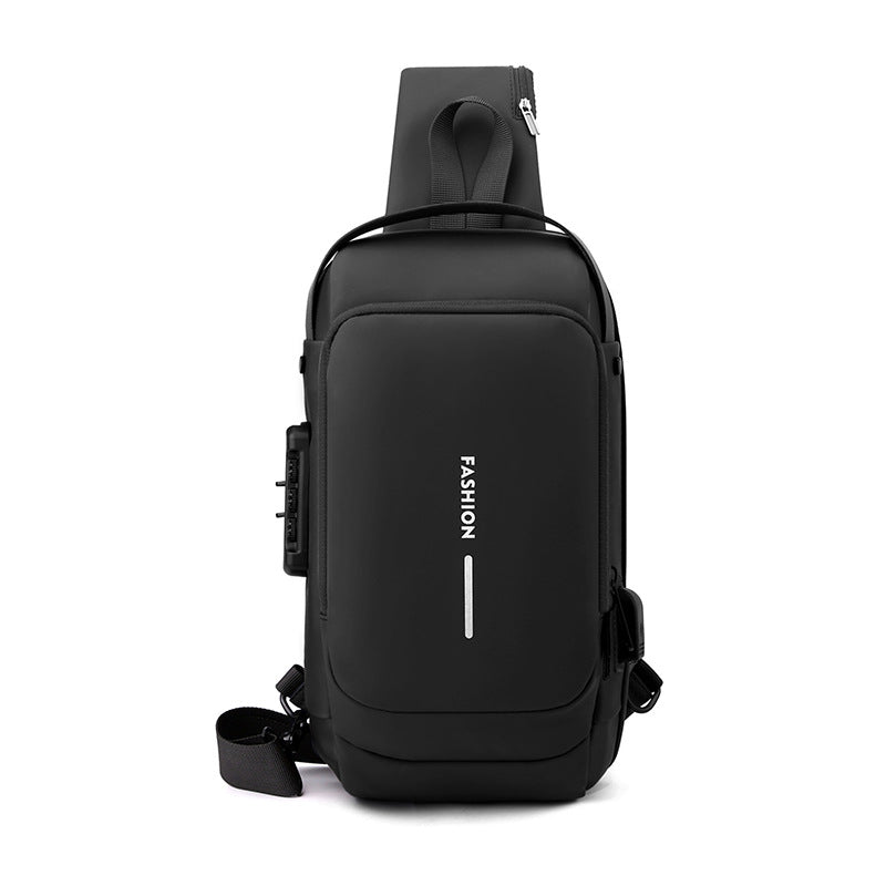 Black High Capacity Anti-Theft Tactical Chest Bag - Waterproof Leather-Film Sling with USB Charging & TSA V888-ELOSUNG45638