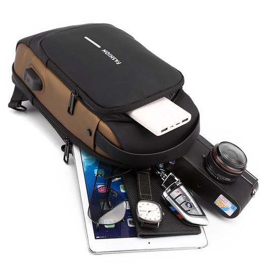 Black High Capacity Anti-Theft Tactical Chest Bag - Waterproof Leather-Film Sling with USB Charging & TSA V888-ELOSUNG45638