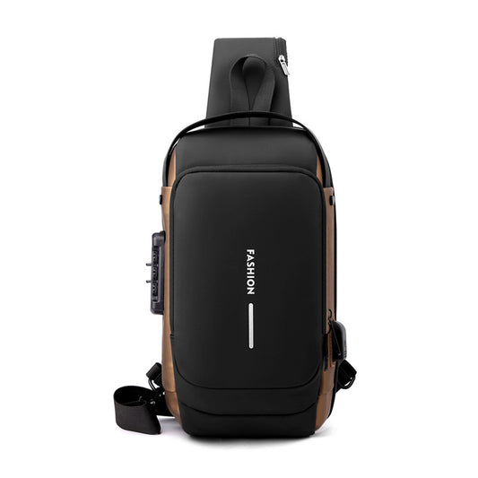 Black-Gold High Capacity Anti-Theft Tactical Chest Bag - Waterproof Leather-Film Sling with USB Charging & V888-ELOSUNG45639