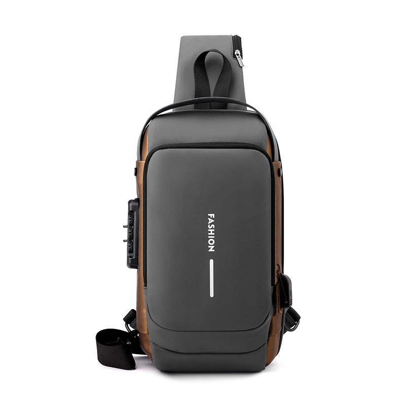Grey Gold High Capacity Anti-Theft Tactical Chest Bag - Waterproof Leather-Film Sling with USB Charging & TSA V888-ELOSUNG45640