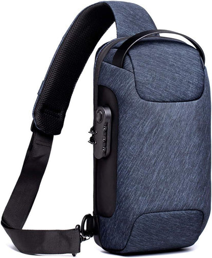 Blue Lightweight Anti-Theft Tactical Chest Bag - Waterproof Security Sling Bag with 3-Digit Password Lock & V888-ELOSUNG45643
