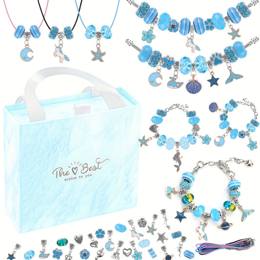 67PCS Blue DIY Charm Necklace & Bracelet Making Kit - Creative Jewelry Craft Set with Colorful Drip Oil V888-ELOSUNG45666