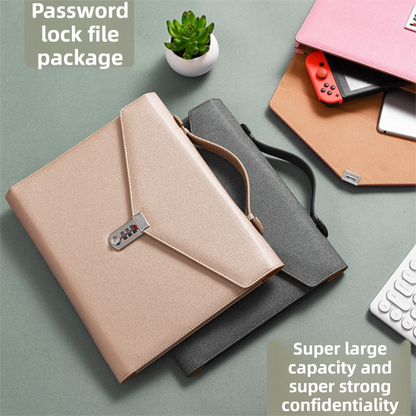 Black Anti-Theft Document Organizer with Secure Password Lock - Waterproof PU Leather Confidential File Bag V888-ELOSUNG45669
