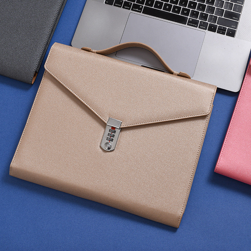 Champagne Anti-Theft Document Organizer with Secure Password Lock - Waterproof PU Leather Confidential File V888-ELOSUNG45670