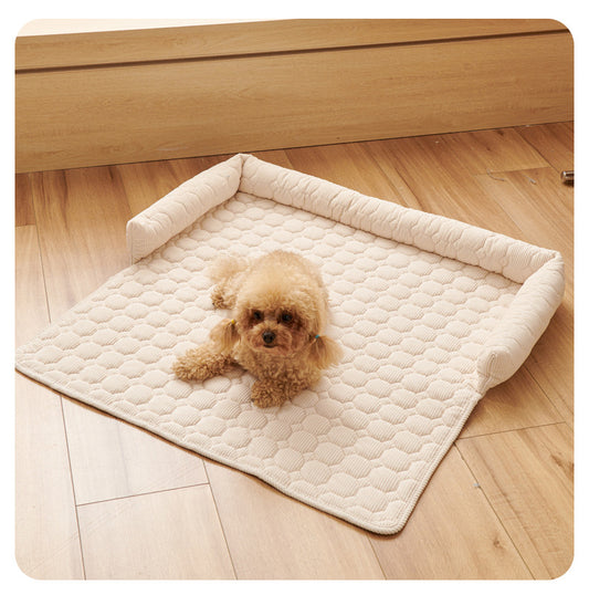 Beige Pet Sofa Protector & Calming Bolster Bed with Diamond Lattice - 75x75CM Thickened Non Slip Furniture V888-ELOSUNG45683