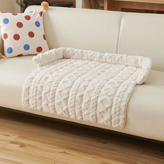 Beige Pet Sofa Protector & Calming Bolster Bed with Cable Knit - 75x75CM Thickened Non Slip Furniture Cover V888-ELOSUNG45688