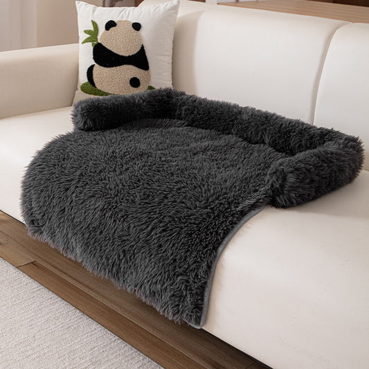 Black Pet Sofa Protector & Calming Bolster Bed with Long Plush - 75x75CM Thickened Non Slip Furniture Cover V888-ELOSUNG45693