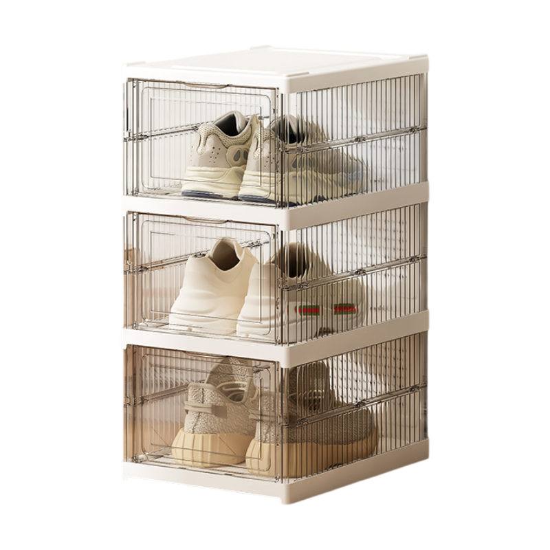 Transparent 3-Layer Foldable Shoe Storage Tower with Transparent Display Panel & Back Ventilation - One-Pull V888-ELOSUNG45708