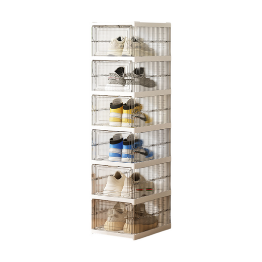 Transparent 6-Layer Foldable Shoe Storage Tower with Transparent Display Panel & Back Ventilation - One-Pull V888-ELOSUNG45709