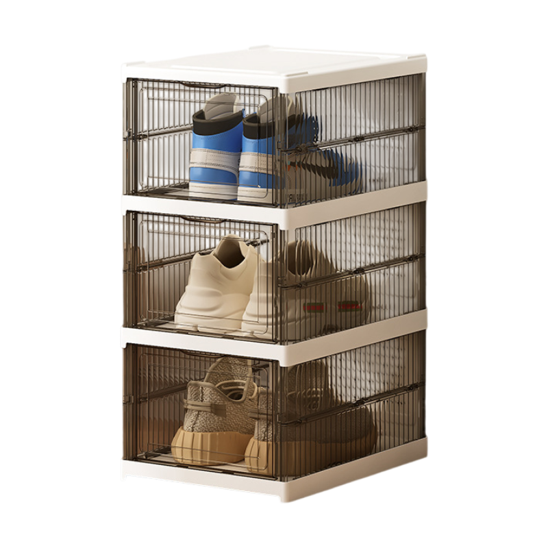 Transparent Grey 3-Layer Foldable Shoe Storage Tower with Transparent Display Panel & Back Ventilation - V888-ELOSUNG45710
