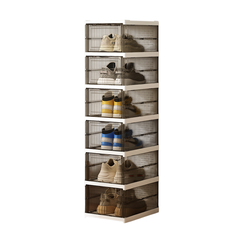Transparent Grey 6-Layer Foldable Shoe Storage Tower with Transparent Display Panel & Back Ventilation - V888-ELOSUNG45711