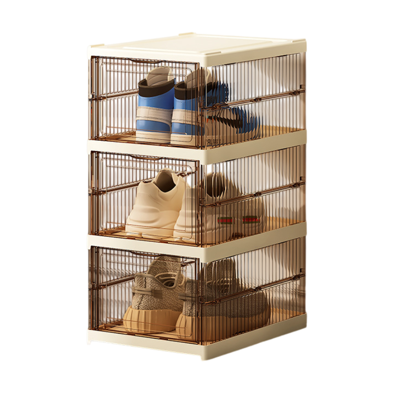 Transparent Brown 3-Layer Foldable Shoe Storage Tower with Transparent Display Panel & Back Ventilation - V888-ELOSUNG45712