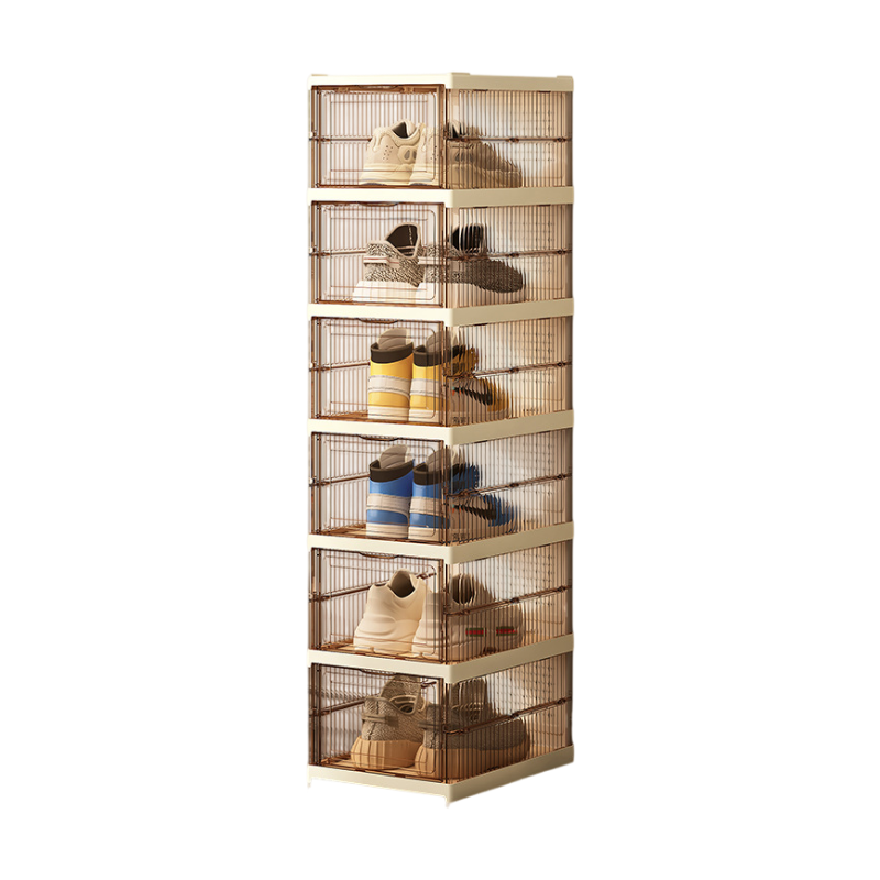 Transparent Brown 6-Layer Foldable Shoe Storage Tower with Transparent Display Panel & Back Ventilation - V888-ELOSUNG45713