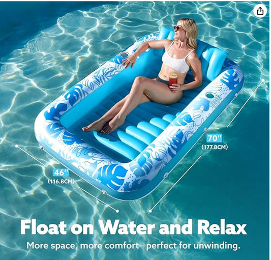 180x118CM Blue Deluxe Inflatable Suntan Tub & Floating Pool Lounger with Dual Integrated Cup Holders and V888-ELOSUNG45715