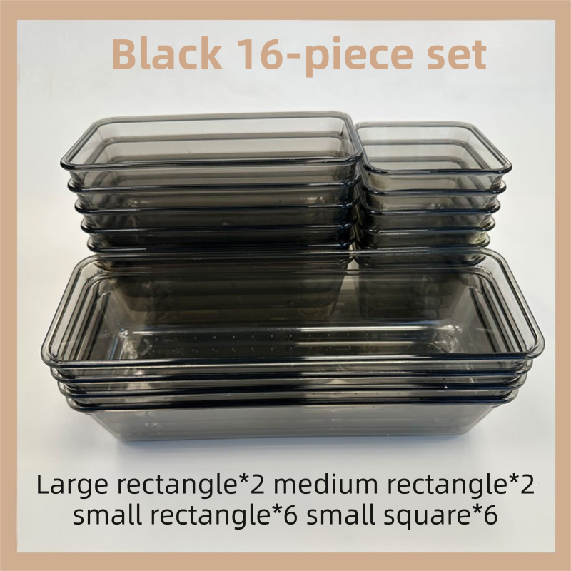 16PCS Black Transparent Stackable Organizer Set - 4-Size Versatile Desktop & Drawer Divider V888-ELOSUNG45732