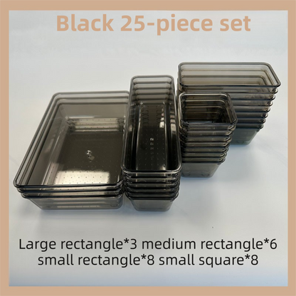25PCS Black Transparent Stackable Organizer Set - 4-Size Versatile Desktop & Drawer Divider V888-ELOSUNG45733