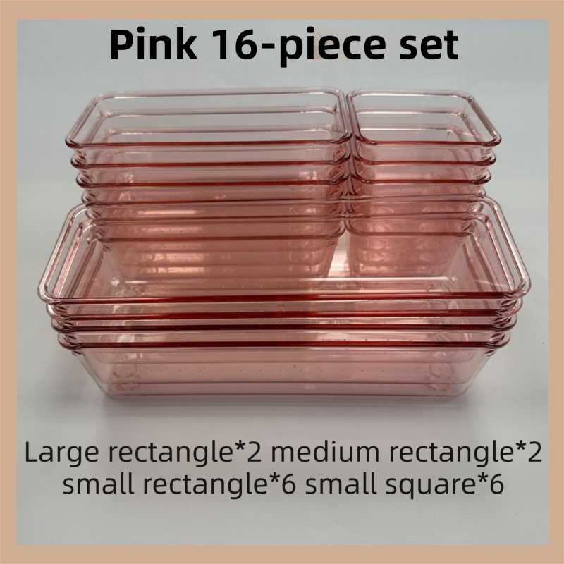 16PCS Pink Transparent Stackable Organizer Set - 4-Size Versatile Desktop & Drawer Divider V888-ELOSUNG45734