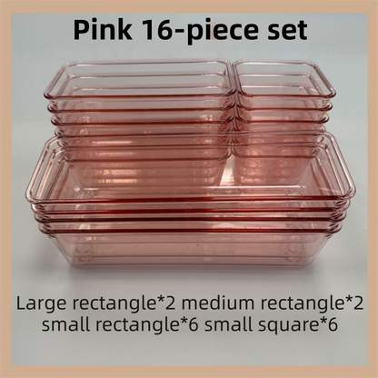 16PCS Pink Transparent Stackable Organizer Set - 4-Size Versatile Desktop & Drawer Divider V888-ELOSUNG45734