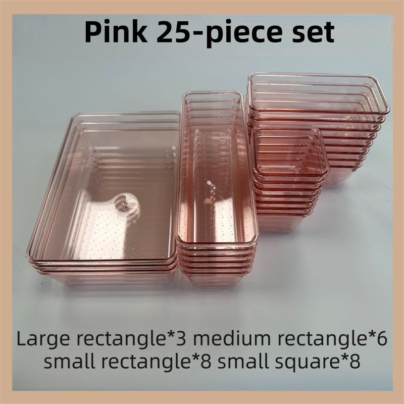 25PCS Pink Transparent Stackable Organizer Set - 4-Size Versatile Desktop & Drawer Divider V888-ELOSUNG45735