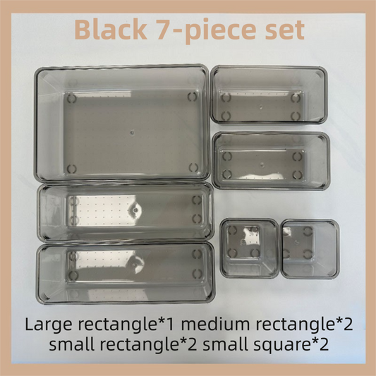 7PCS Black Transparent Stackable Organizer Set - 4-Size Versatile Desktop & Drawer Divider V888-ELOSUNG45736
