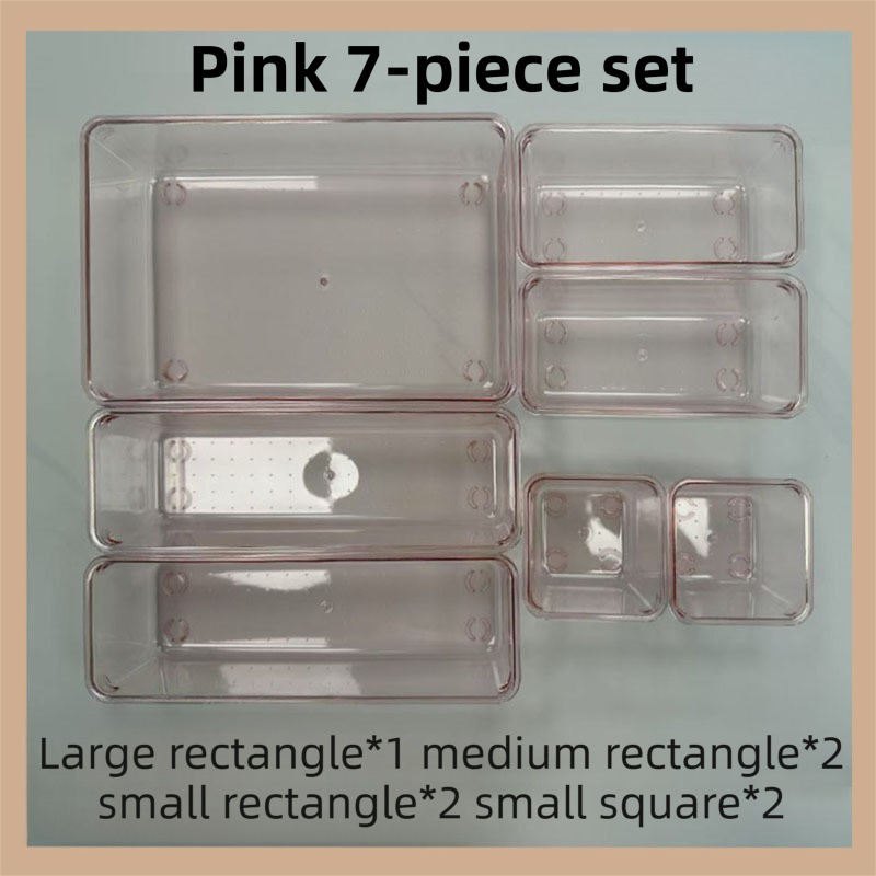 7PCS Pink Transparent Stackable Organizer Set - 4-Size Versatile Desktop & Drawer Divider V888-ELOSUNG45737