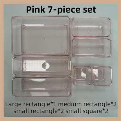 7PCS Pink Transparent Stackable Organizer Set - 4-Size Versatile Desktop & Drawer Divider V888-ELOSUNG45737