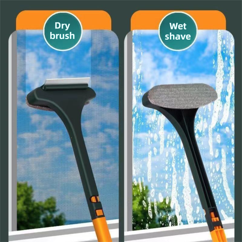 2-Pack 2-in-1 Professional Window Screen Brush & Glass Cleaner - Detachable Long-Handle Squeegee & Scrubber V888-ELOSUNG45748