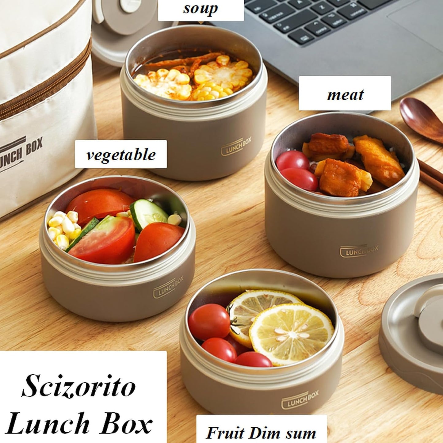 4-Pack Brown 304 Stainless Steel Microwave-Safe Lunch Box Set - Stackable Insulated Bento Containers for V888-ELOSUNG45766