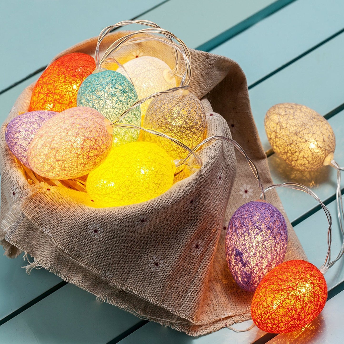 1.5M Easter Cotton Ball Egg String Lights (10 LED) - Colorful Egg-Shaped Fairy Light Holiday Decor V888-ELOSUNG45768