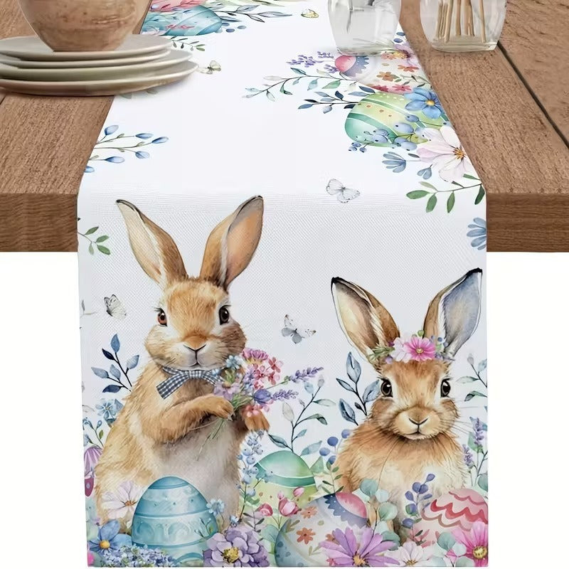 33 x 183 CM Festive Easter Linen Table Runner - Cartoon Bunny Table Runner & Stain-Resistant Primitive Home V888-ELOSUNG45782
